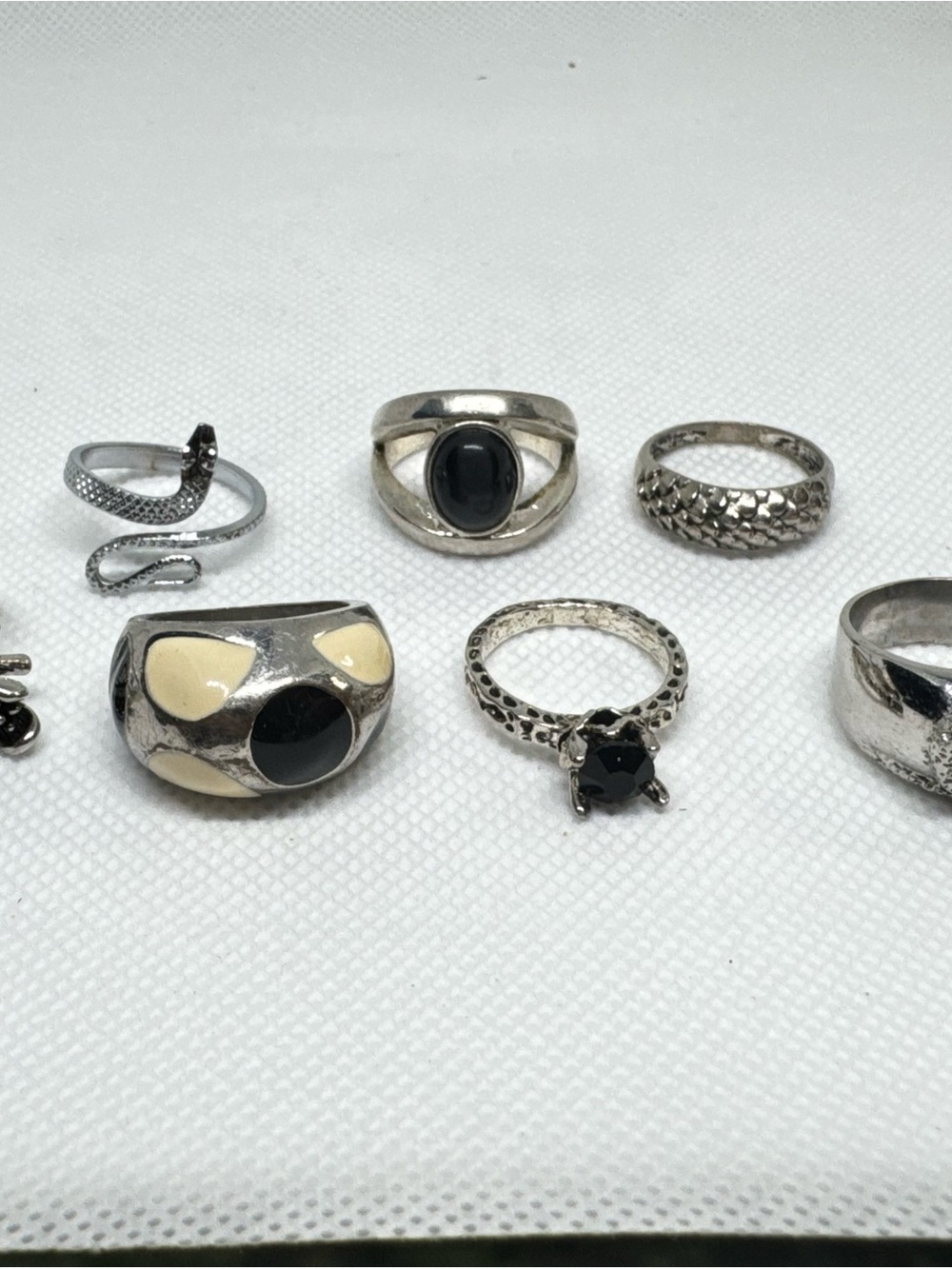 Mixed Silver Tone Statement Ring Lot N Black White Enamel Snake Floral 7 Rings